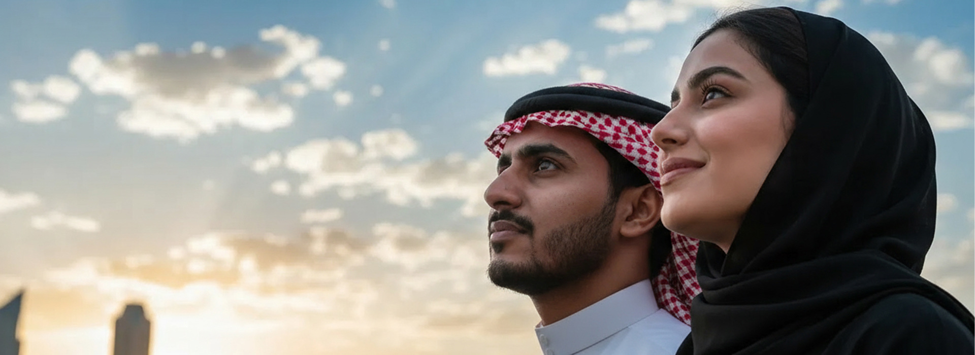 Homme et femme saoudiens regardant vers l'avenir représentant l'optimisme et la vision future pour l'Expo 2030 Riyad